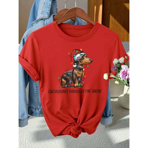 Women'S Beige Christmas Dachshund Graphic T-Shirt - Festive Holiday Tee with "Dachshund Through the Snow" Text - Soft Everyday Shirt for Pet Lovers - Sizes S-XXL