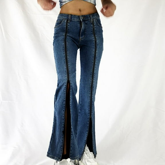 Women'S Bell Bottom Jeans High Waisted Zipper Split Tapered Jean Flare Denim Pants Cool Denim Pants Blue M