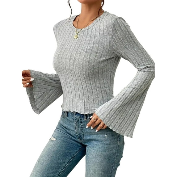 Women'S Bell Sleeve Crop Tops Dressy Casual Crewneck Lettuce Trim Ribbed Fitted Shirts Light Gray S