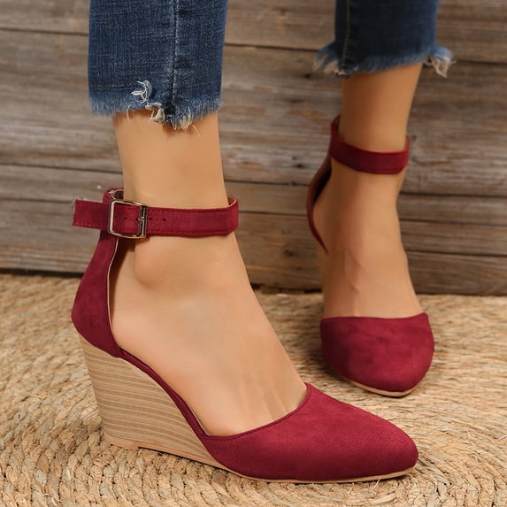 Women'S Belt Buckle Pointed Toe Wedge Sandals Ankle Strap Closed Toe Wedge Sandals shikongkuajing