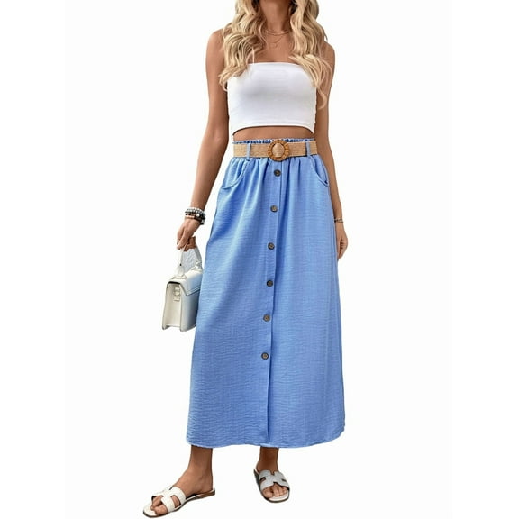 Women'S Belted A-Line High Waist Button Skirt with Pockets Blue S