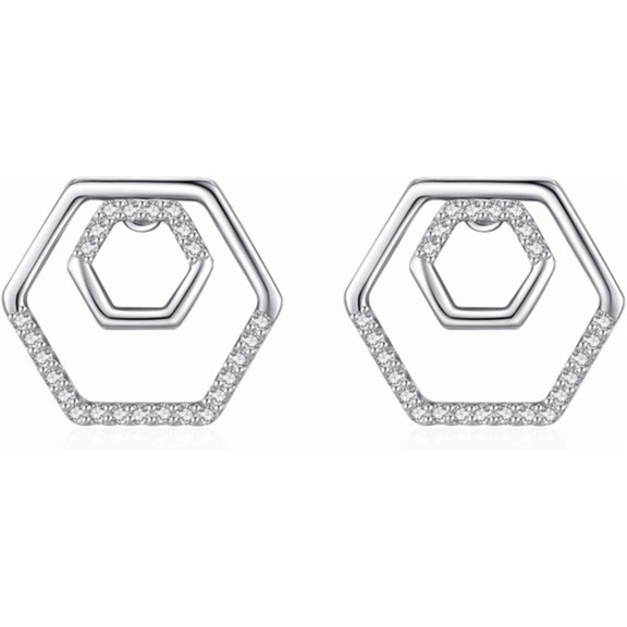 Women'S Best Earrings, Pure Sterling Silver Earrings Studs Silver Cubic Zirconia Hexagonal Shape 13.2X15mm for Lesbian Valentines Day Jewelry Chic[d540]