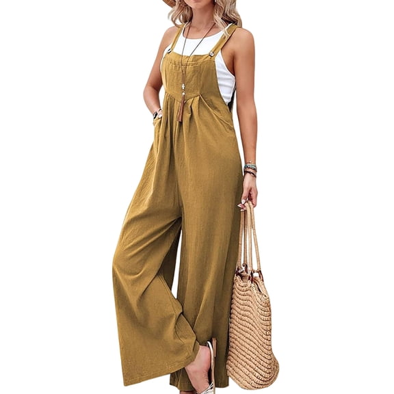 Women'S Bib Overalls Casual Loose Fit Jumper Adjustable Strap Wide Leg Jumpsuits with Pockets Beige XXXL