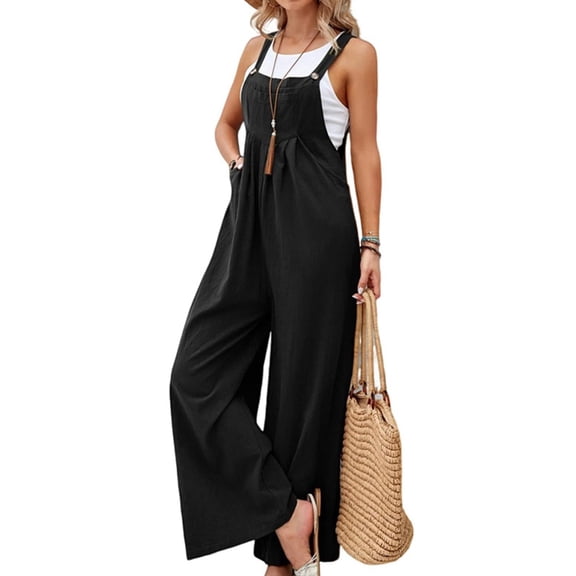 Women'S Bib Overalls Casual Loose Fit Jumper Adjustable Strap Wide Leg Jumpsuits with Pockets Black L