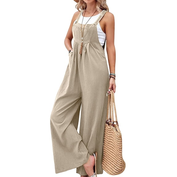 Women'S Bib Overalls Casual Loose Fit Jumper Adjustable Strap Wide Leg Jumpsuits with Pockets Khaki S