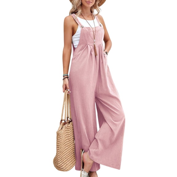 Women'S Bib Overalls Casual Loose Fit Jumper Adjustable Strap Wide Leg Jumpsuits with Pockets Pink L