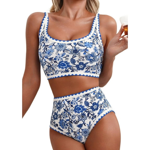 Women'S Bikini Sets Floral Print Whip 2 Piece Swimsuits High Waisted Scoop Bathing Suits Blue Flower XL