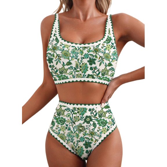 Women'S Bikini Sets Floral Print Whip 2 Piece Swimsuits High Waisted Scoop Bathing Suits Green Flowers S