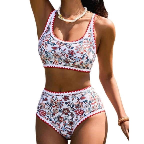 Women'S Bikini Sets Floral Print Whip 2 Piece Swimsuits High Waisted Scoop Bathing Suits Safflower M