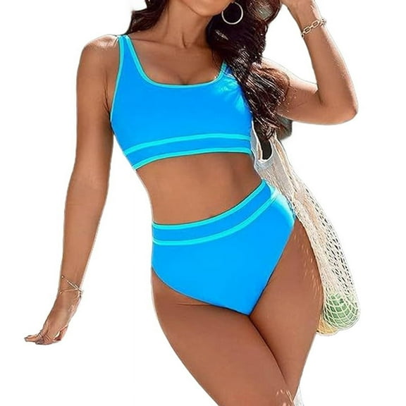 Women'S Bikini Sets Sporty Two Piece Swimsuits Color Block Cheeky High Cut Bathing Suits Sky blue L