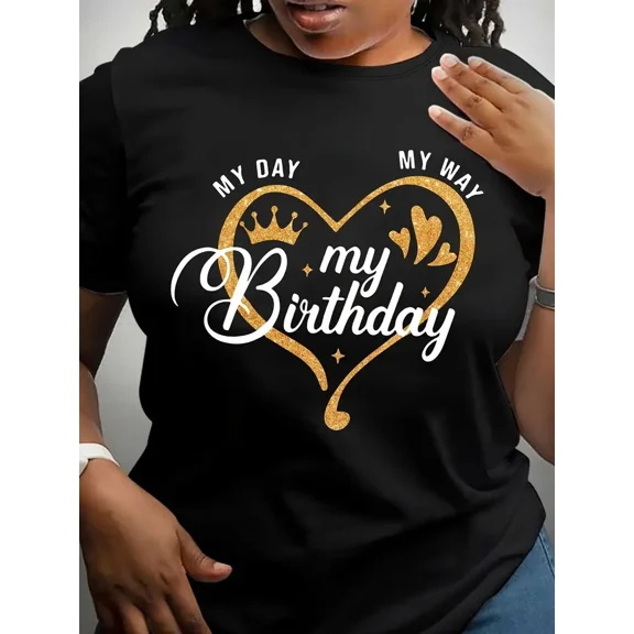 Women'S Birthday Celebration Crew Neck T-Shirt - Black with Golden Birthday Text & Hearts - Casual Everyday Birthday Party Outfit - Soft Everyday Tee for Women - Birthday Gift