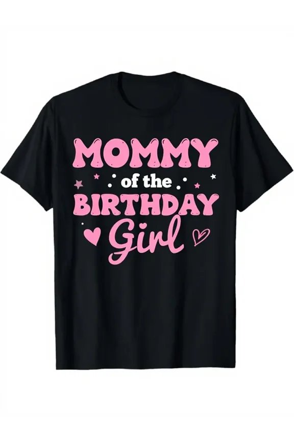 Women'S Black "Mommy of the Birthday " Graphic T-Shirt - Pink Lettering & Heart Design Short Sleeve Crewneck Top | Breathable Casual Party Outfit for Birthday Moms