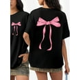 thumbnail image 1 of Women'S Black T-Shirt with Front & Back Pink Bow Graphic - Loose Fit Round Neck Short Sleeve Top,  Cute T Shirts, Everyday Fashion, Playful Design, Comfortable Fabric, Stylish Blouse, 1 of 5