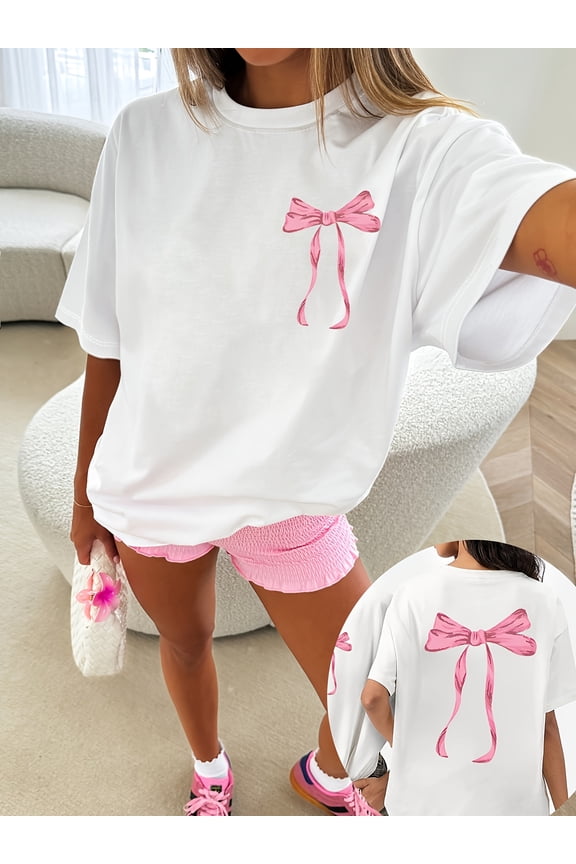 Women'S Black T-Shirt with Front & Back Pink Bow Graphic - Loose Fit Round Neck Short Sleeve Top,  Cute T Shirts, Everyday Fashion, Playful Design, Comfortable Fabric, Stylish Blouse