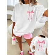 WomenS Black T-Shirt with Front & Back Pink Bow Graphic - Loose Fit Round Neck Short Sleeve Top, Cute T Shirts, Everyday Fashion, Playful Design, Comfortable Fabric, Stylish Blouse