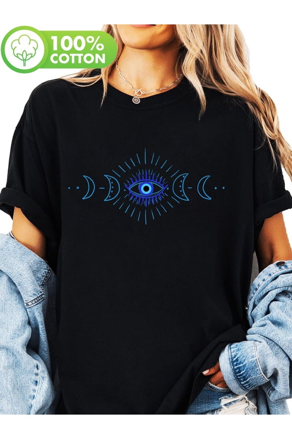 Women'S Black T-Shirt with Mystical Eye & Moon Phases Print - Casual Crew Neck, Short Sleeve, Perfect for Spring & Summer, Casual Wear Tee | Mystical Print Top | Comfortable Fit, Moon Phase Tee