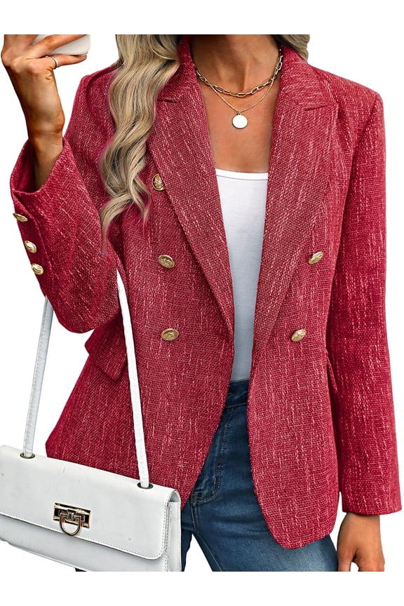 Women'S Blazer Business Casual Long Sleeve Double Breasted Jackets Open Front Work Suits Red M
