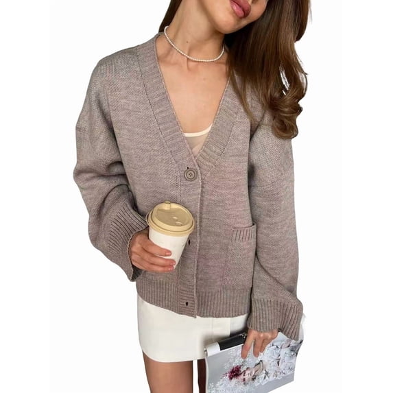 Women'S Blend Chunky Cardigan V-Neck Pocket Knitted Cardigan Camel S
