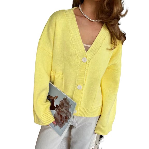 Women'S Blend Chunky Cardigan V-Neck Pocket Knitted Cardigan Yellow M