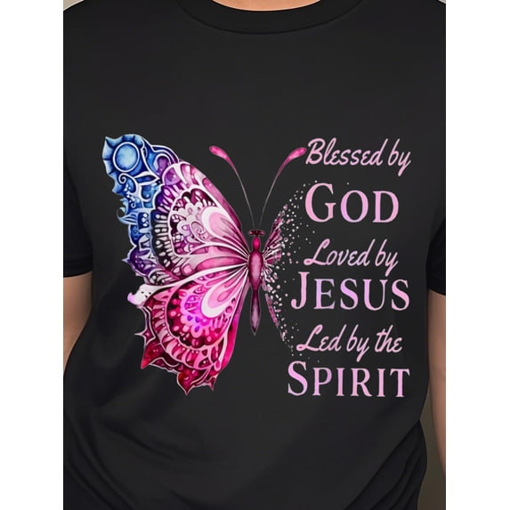 Women'S "Blessed by God, Loved by Jesus, Guided by the Holy Spirit" LED Light Butterfly Pattern T-Shirt