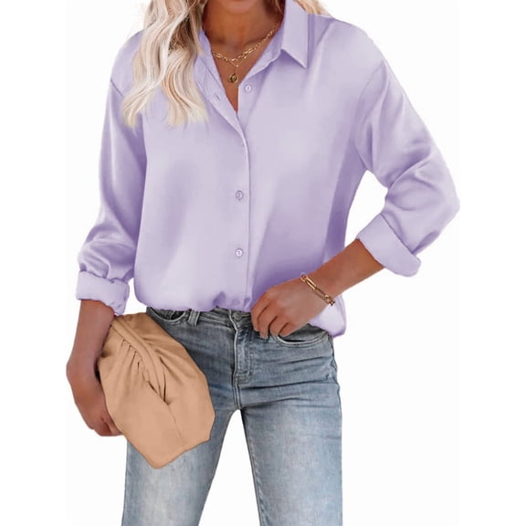 Women'S Blouse Satin Silk Shirts Button Down Shirts Casual Loose Long Sleeve Office Work Tunic Tops Lavender L