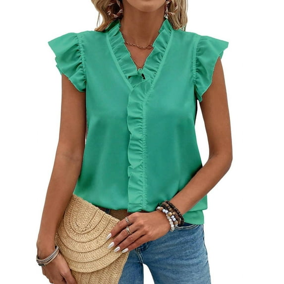 Women'S Blouses Dressy Boho Casual Ruffle Short Sleeve Tops Business Outfits Ladies Summer Trendy Work Shirts Green XL