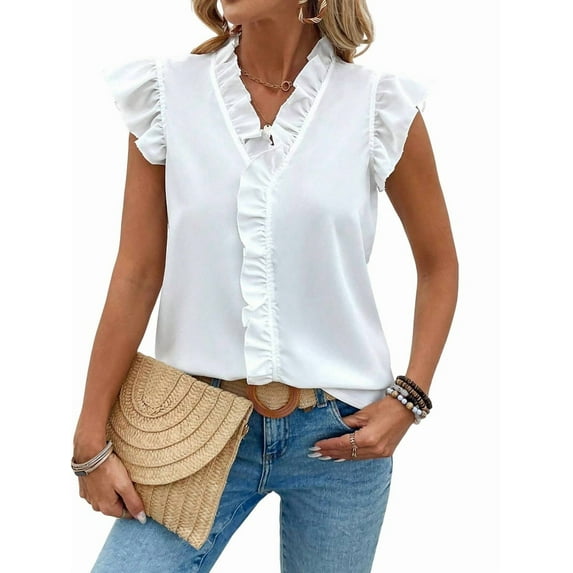 Women'S Blouses Dressy Boho Casual Ruffle Short Sleeve Tops Business Outfits Ladies Summer Trendy Work Shirts White L