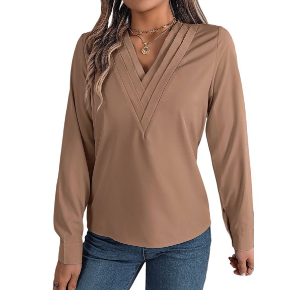 Women'S Blouses Dressy Casual Triple V Neck Long Sleeve Blouse Business Work Tops Khaki XL