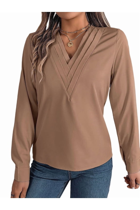 Women'S Blouses Dressy Casual Triple V Neck Long Sleeve Blouse Business Work Tops Khaki XL