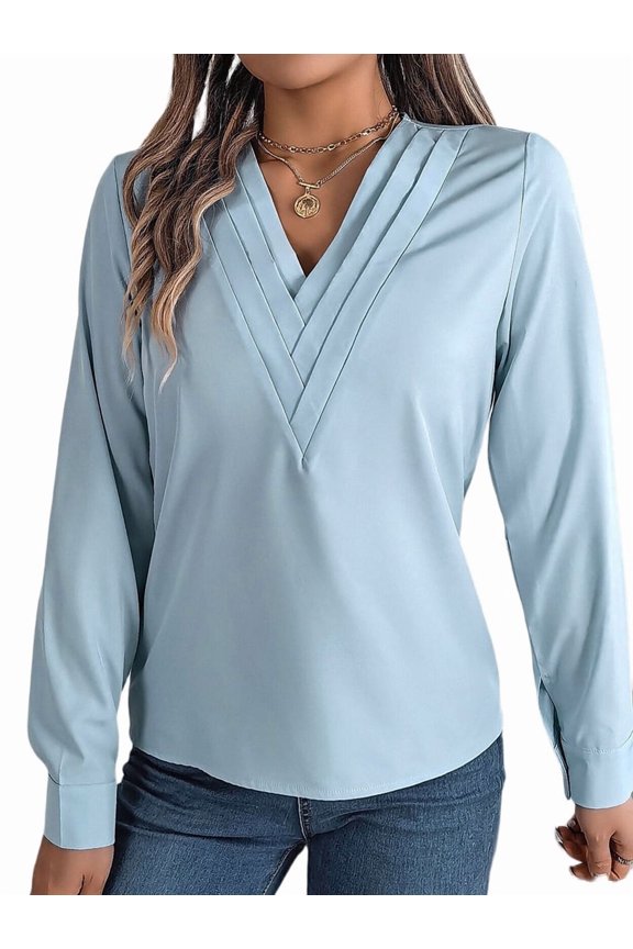 Women'S Blouses Dressy Casual Triple V Neck Long Sleeve Blouse Business Work Tops Light Blue M