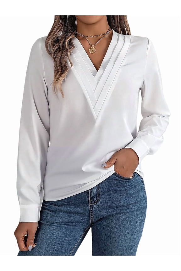 Women'S Blouses Dressy Casual Triple V Neck Long Sleeve Blouse Business Work Tops White XL