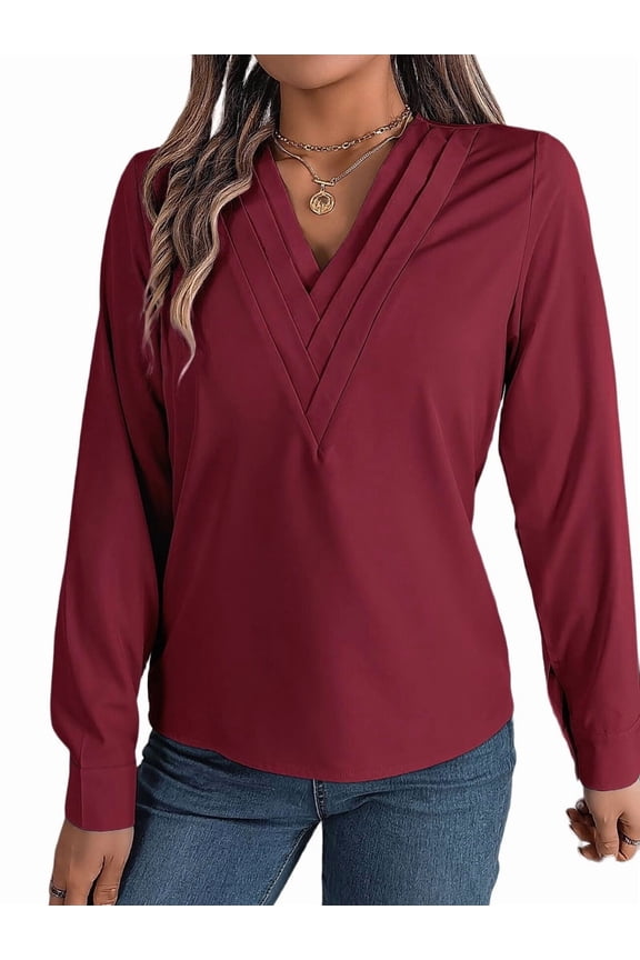 Women'S Blouses Dressy Casual Triple V Neck Long Sleeve Blouse Business Work Tops Wine Red L