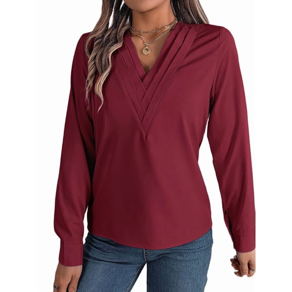 Women'S Blouses Dressy Casual Triple V Neck Long Sleeve Blouse Business Work Tops Wine Red XL