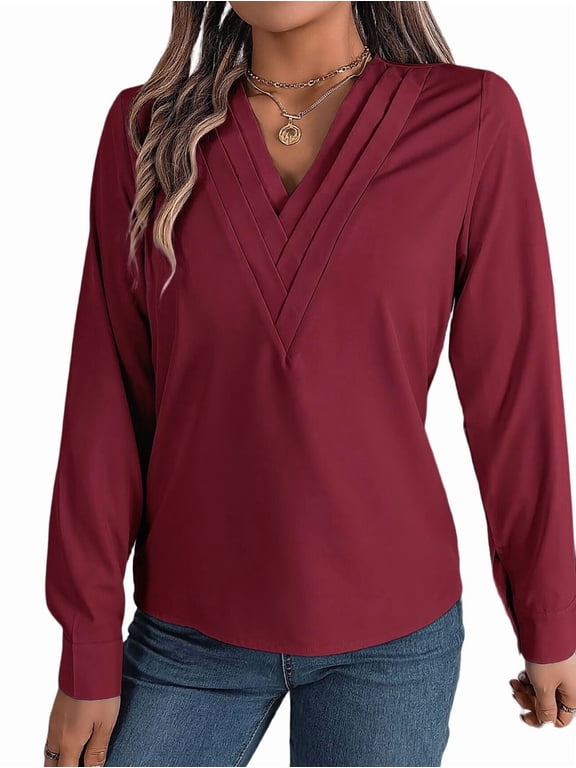 Women'S Blouses Dressy Casual Triple V Neck Long Sleeve Blouse Business Work Tops Wine Red XL
