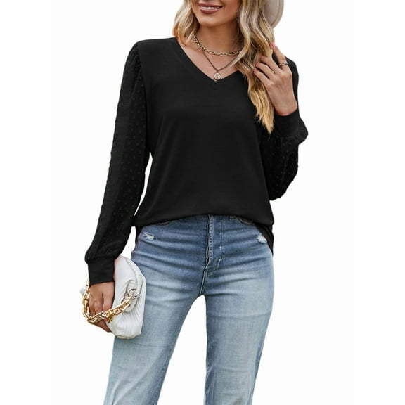 Women'S Blouses Dressy Casual V Neck Top Dot Balloon Long Sleeve Shirts Black L