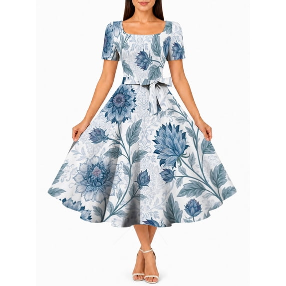 Women'S Blue Floral Vintage Print Square Neck Dress Short Sleeve Tie Waist A-Line Midi Swing Dress