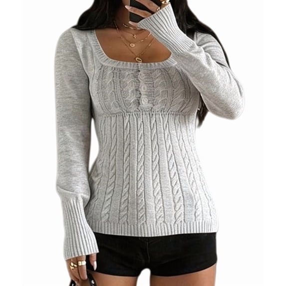 Women'S Boat Neck Cable Knit Sweater, Long Sleeve Off Shoulder Ribbed Slim Fit Pullover Tops Cute Fall Outfits Gray L