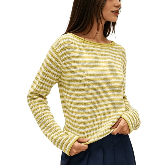 Women'S Boat Neck Striped Open Knit Relaxed Fit Pullover Sweater Yellow L