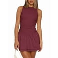thumbnail image 1 of Women'S Bodycon Boat Neck Mini Dresses Sleeveless Ruched Ruffle Hem Club Party Short Dress Wine Red M, 1 of 8