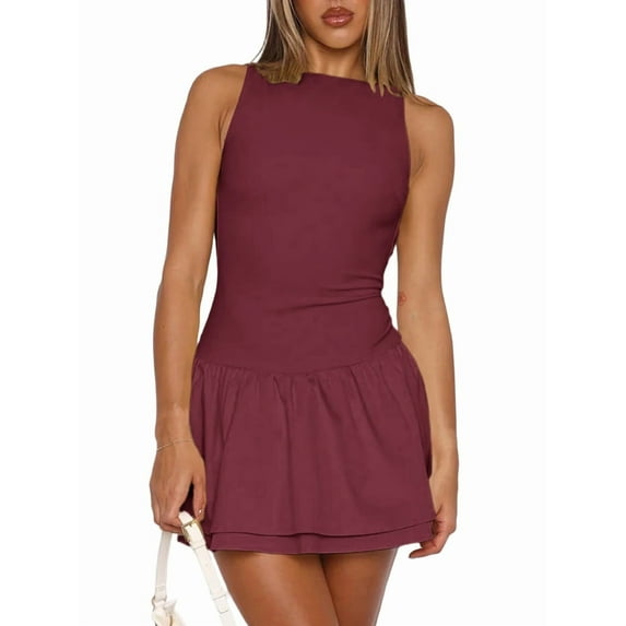 Women'S Bodycon Boat Neck Mini Dresses Sleeveless Ruched Ruffle Hem Club Party Short Dress Wine Red S