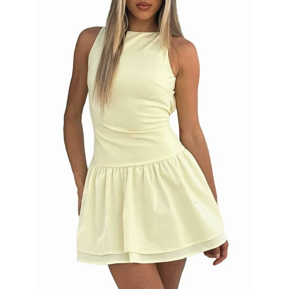 Women'S Bodycon Boat Neck Mini Dresses Sleeveless Ruched Ruffle Hem Club Party Short Dress Yellow XL