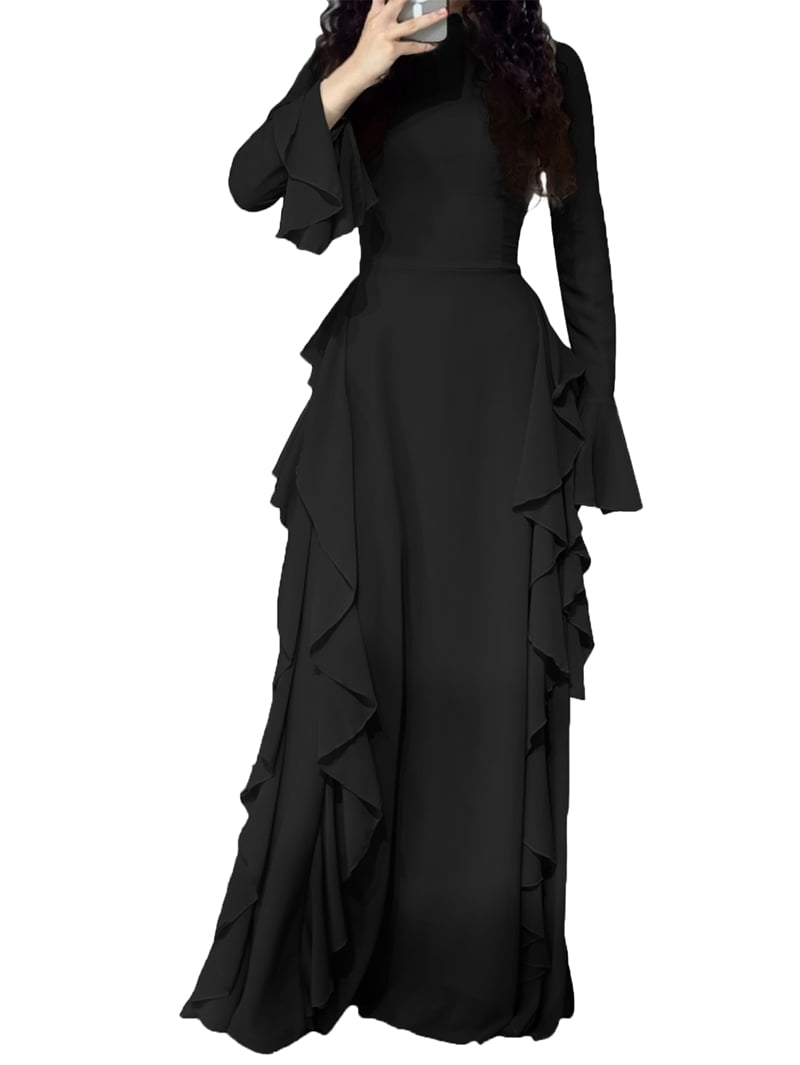 Women'S Bodycon Dresses Elegant Bell Sleeve Ruffle Hem Cocktail Party Long Dress Black XL