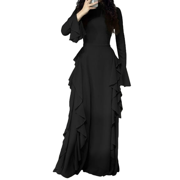 Women'S Bodycon Dresses Elegant Bell Sleeve Ruffle Hem Cocktail Party Long Dress Black XL