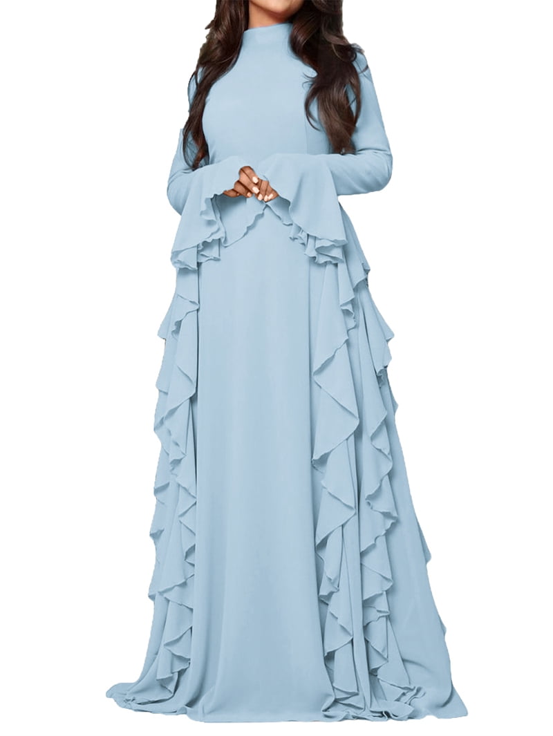 Women'S Bodycon Dresses Elegant Bell Sleeve Ruffle Hem Cocktail Party Long Dress Blue L