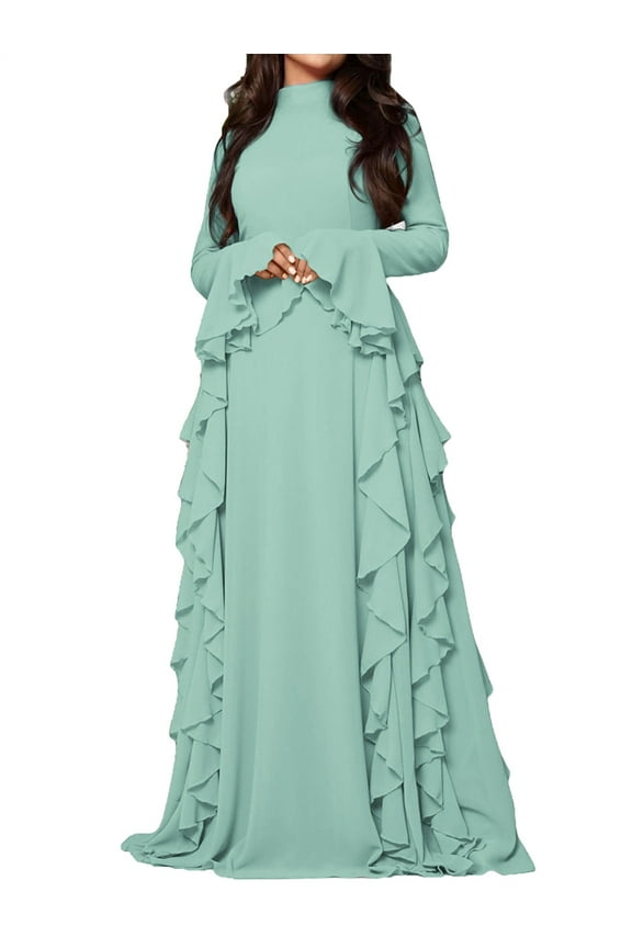 Women'S Bodycon Dresses Elegant Bell Sleeve Ruffle Hem Cocktail Party Long Dress Green L