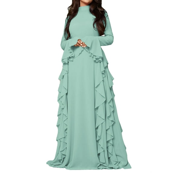 Women'S Bodycon Dresses Elegant Bell Sleeve Ruffle Hem Cocktail Party Long Dress Green M