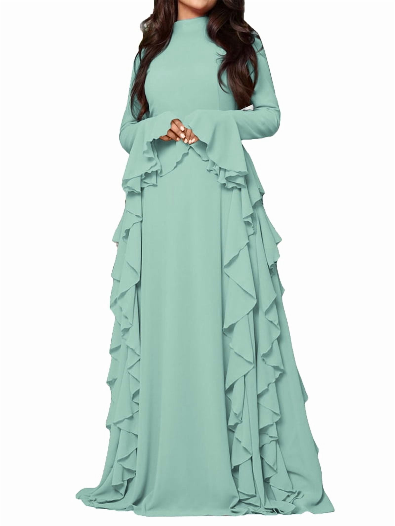 Women'S Bodycon Dresses Elegant Bell Sleeve Ruffle Hem Cocktail Party Long Dress Green S