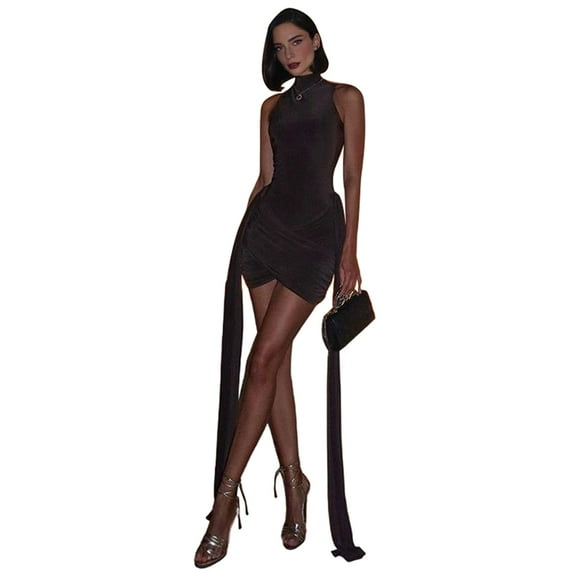 Women'S Bodycon High Neck Sleeveless Bandage Ruched Midi Cocktail Party Dress Coffee Color M