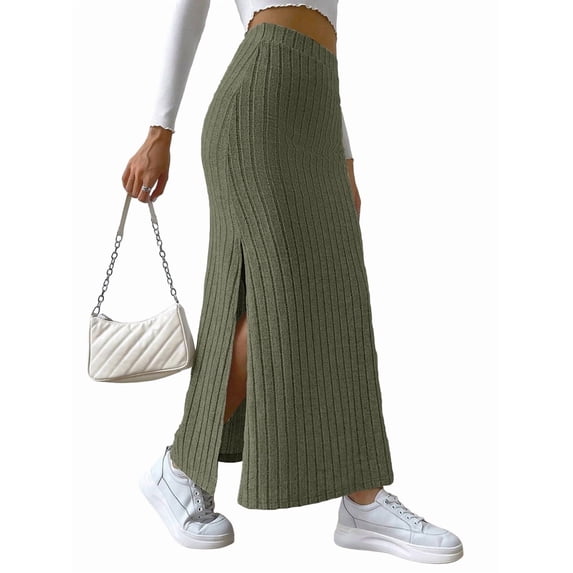 Women'S Bodycon Knitted Pencil Skirts Elastic Split High Waisted Midi Skirt Army Green XXL