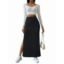 Women'S Bodycon Knitted Pencil Skirts Elastic Split High Waisted Midi Skirt Black XL